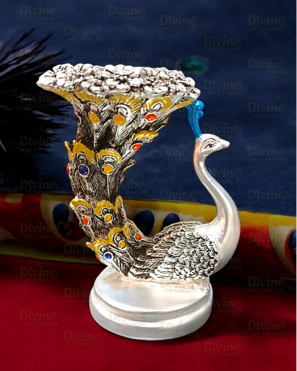 Antique Matt Finish Peacock Candle-Sliver Plated - Divine Art Creation