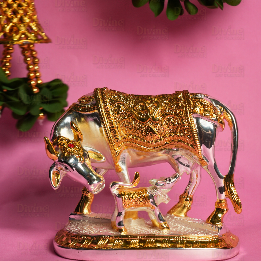 Gold & Silver Plated Kamdhenu Cow with Calf – Sacred Vastu Idol - Divine Art Creation