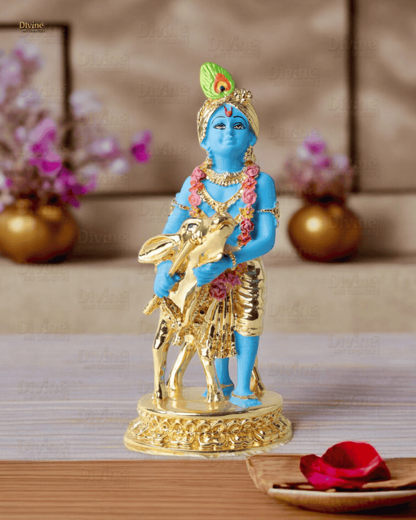 Gold Plated Krishna with Calf Blue Colour - 6.5 Inch Statue