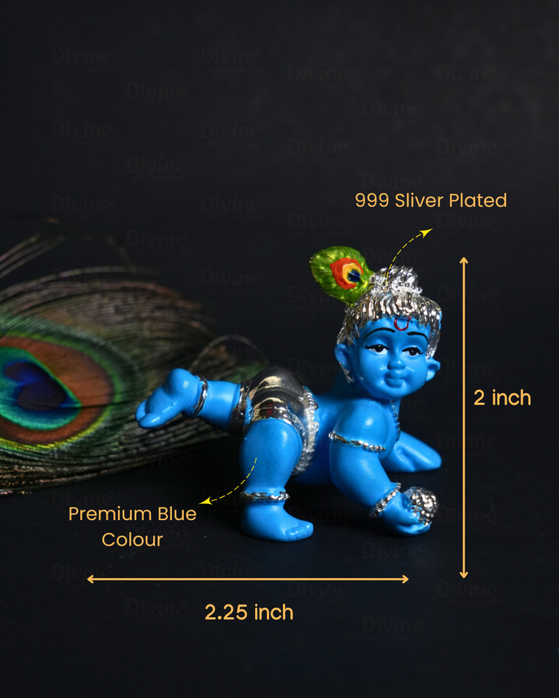 Bal Gopal Krishna Idol Home Decor - Silver Plated Blue Colour Cute Krishna Idol for Home & Gift