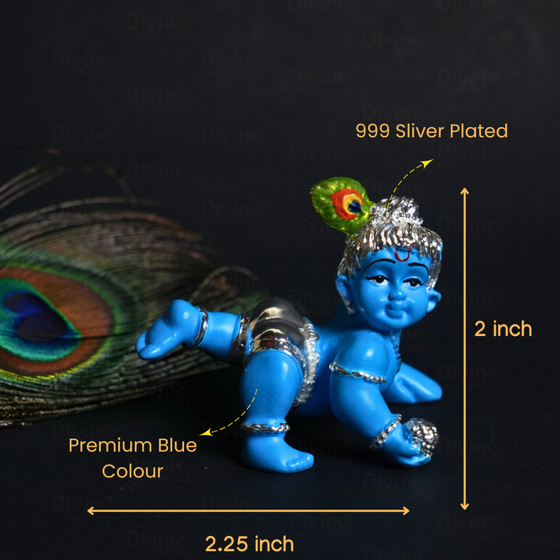 Bal Gopal Krishna Idol Home Decor - Silver Plated Blue Colour Cute Krishna Idol for Home & Gift