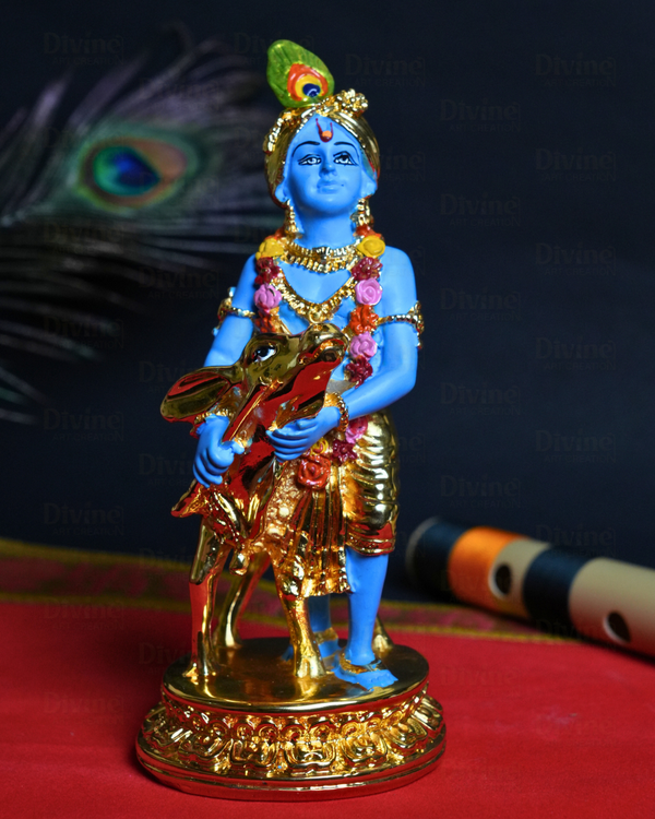 Gold Plated Krishna with Calf Blue Colour - 6.5 Inch Statue