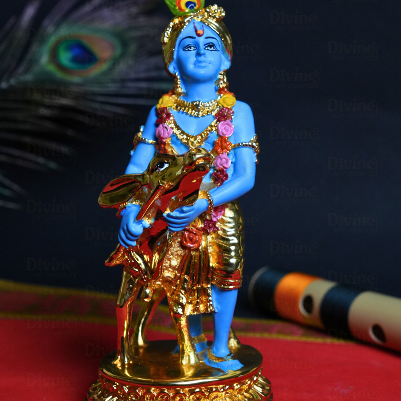 Gold Plated Krishna with Calf Blue Colour - 6.5 Inch Statue
