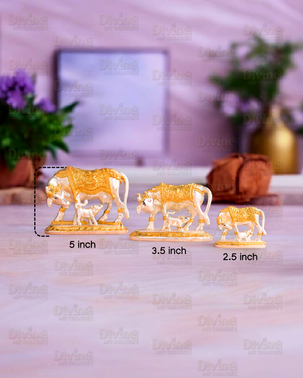 Gold & Silver Plated Kamdhenu Cow with Calf – Sacred Vastu Idol - Divine Art Creation