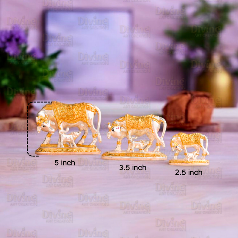 Gold & Silver Plated Kamdhenu Cow with Calf – Sacred Vastu Idol - Divine Art Creation