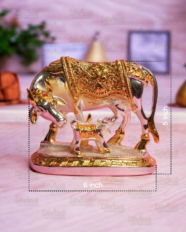 Gold & Silver Plated Kamdhenu Cow with Calf – Sacred Vastu Idol - Divine Art Creation