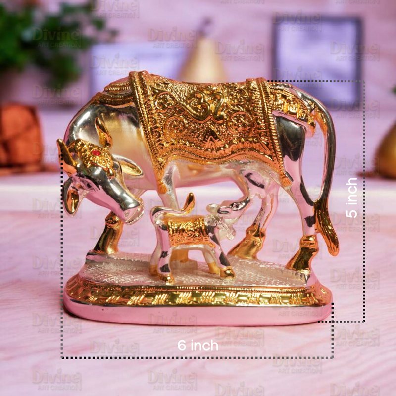 Gold & Silver Plated Kamdhenu Cow with Calf – Sacred Vastu Idol - Divine Art Creation