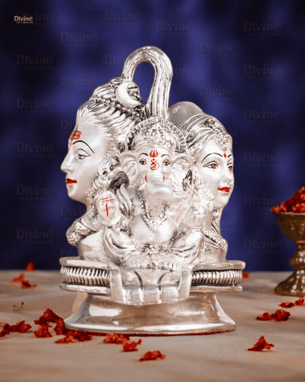 Silver Plated Shivling Idol with Shivji Family – Antique Embossed Finish