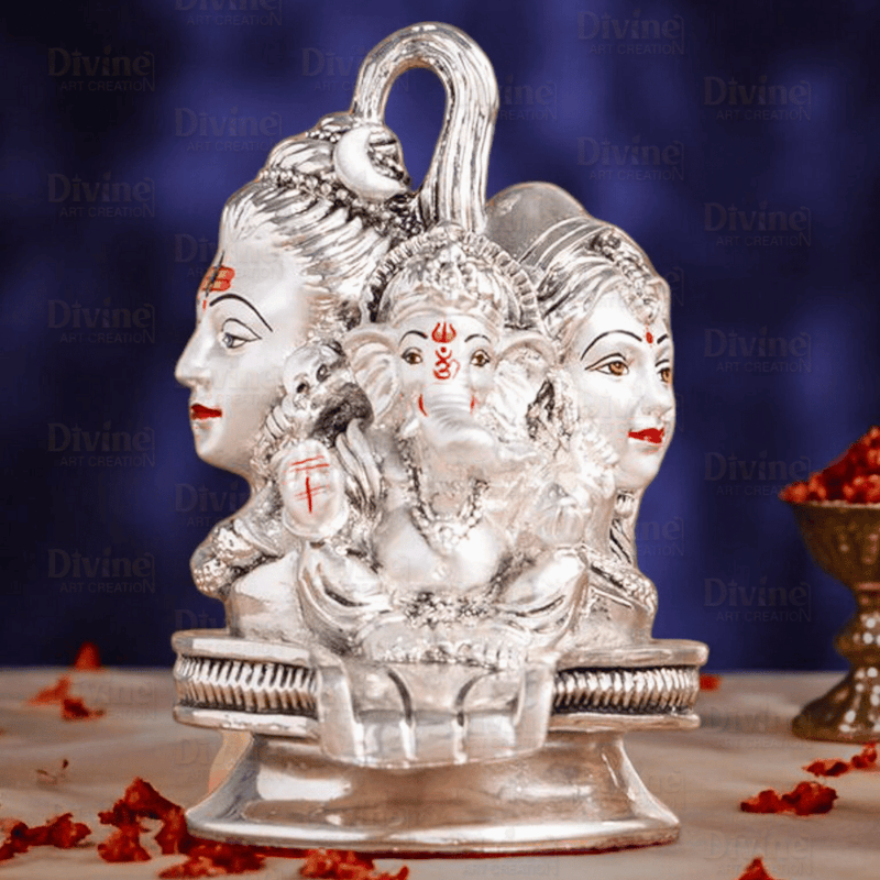 Silver Plated Shivling Idol with Shivji Family – Antique Embossed Finish