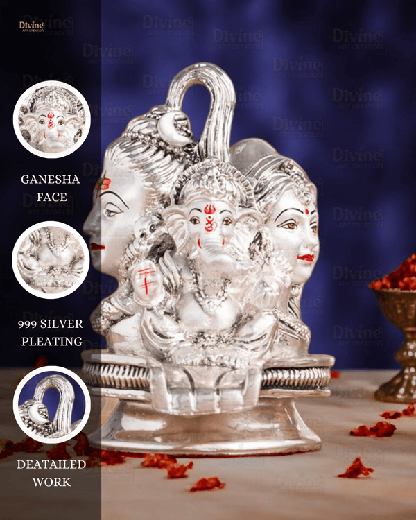 Silver Plated Shivling Idol with Shivji Family – Antique Embossed Finish