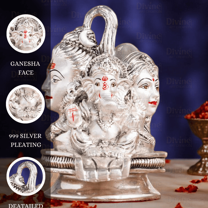 Silver Plated Shivling Idol with Shivji Family – Antique Embossed Finish