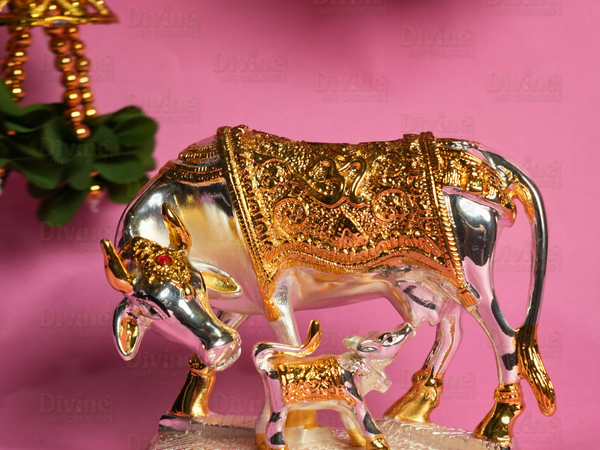 Gold & Silver Plated Kamdhenu Cow with Calf – Sacred Vastu Idol - Divine Art Creation