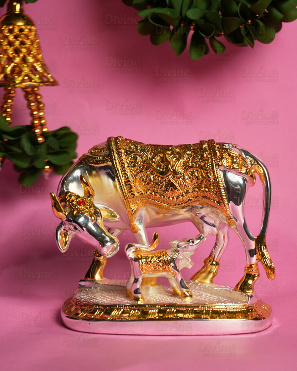Gold & Silver Plated Kamdhenu Cow with Calf – Sacred Vastu Idol - Divine Art Creation