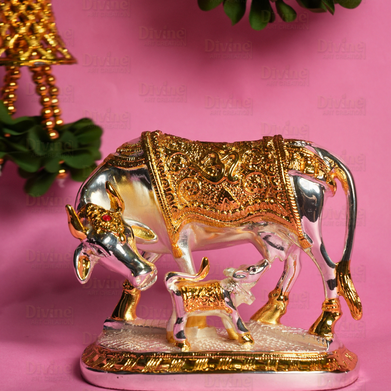 Gold & Silver Plated Kamdhenu Cow with Calf – Sacred Vastu Idol - Divine Art Creation