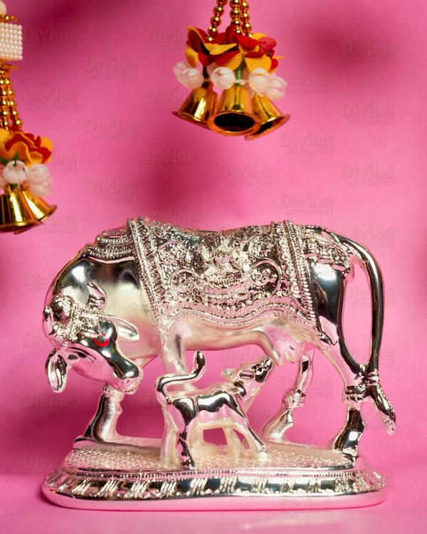 Gold & Silver Plated Kamdhenu Cow with Calf – Sacred Vastu Idol - Divine Art Creation