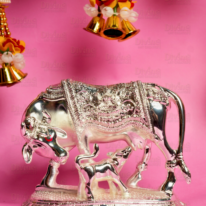 Gold & Silver Plated Kamdhenu Cow with Calf – Sacred Vastu Idol - Divine Art Creation