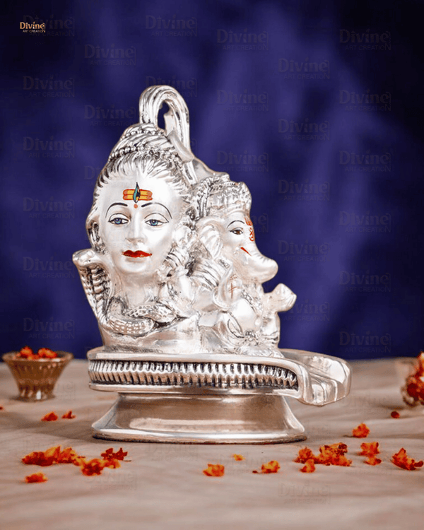 Silver Plated Shivling Idol with Shivji Family – Antique Embossed Finish