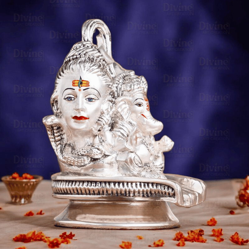 Silver Plated Shivling Idol with Shivji Family – Antique Embossed Finish