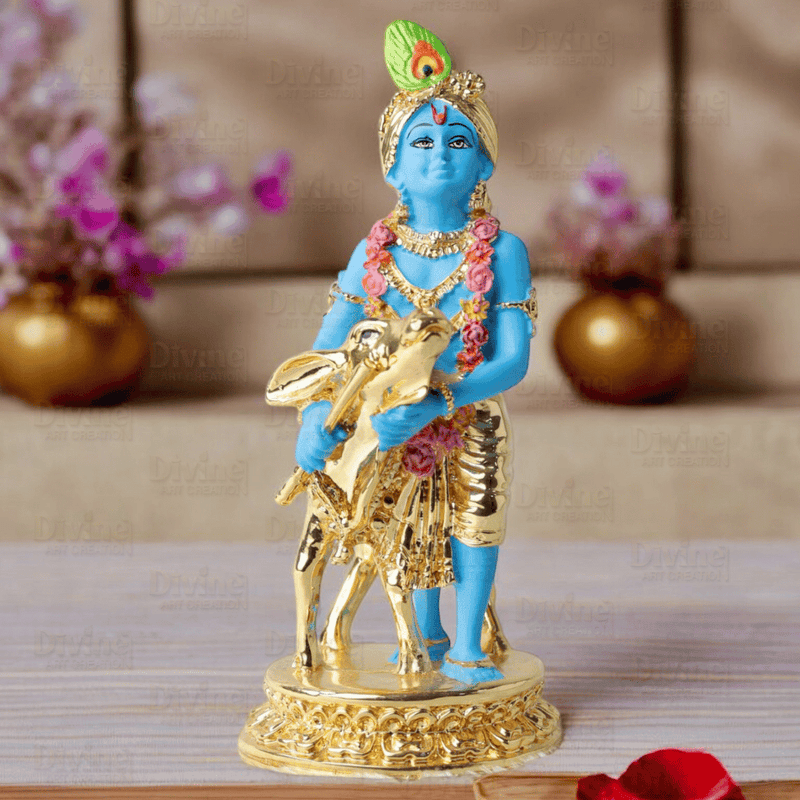 Gold Plated Krishna with Calf Blue Colour - 6.5 Inch Statue