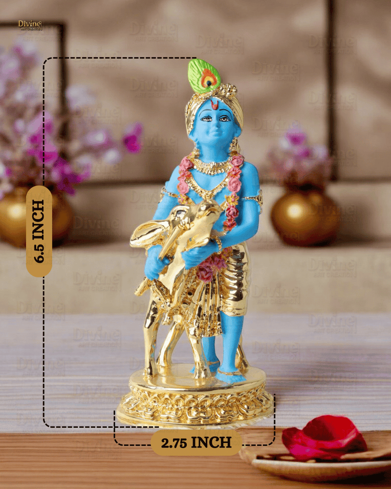 Gold Plated Krishna with Calf Blue Colour - 6.5 Inch Statue