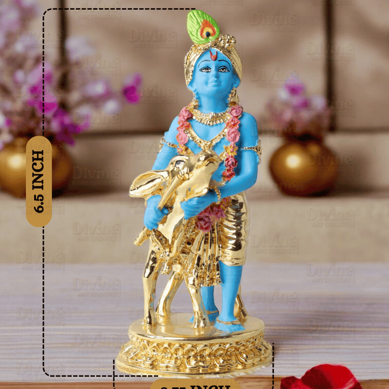 Gold Plated Krishna with Calf Blue Colour - 6.5 Inch Statue