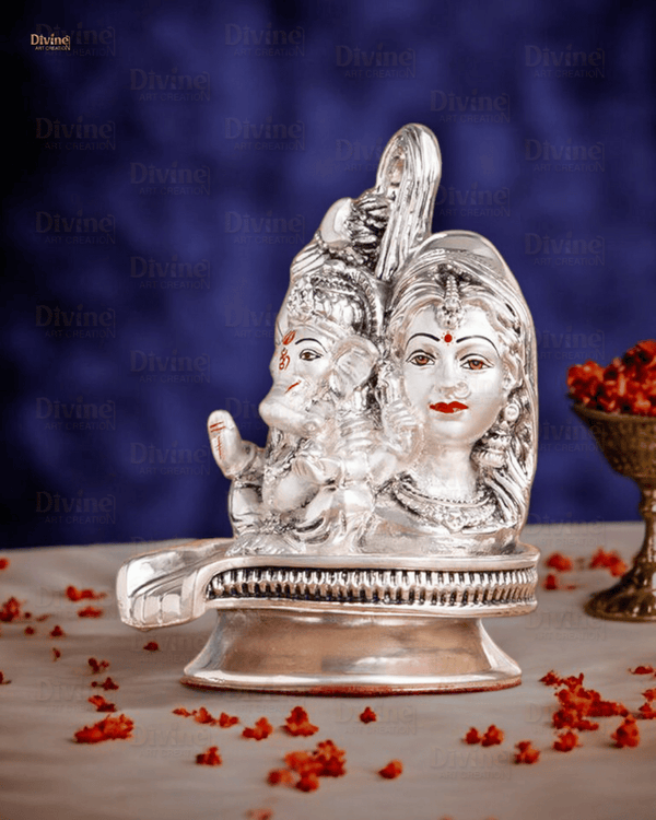 Silver Plated Shivling Idol with Shivji Family – Antique Embossed Finish