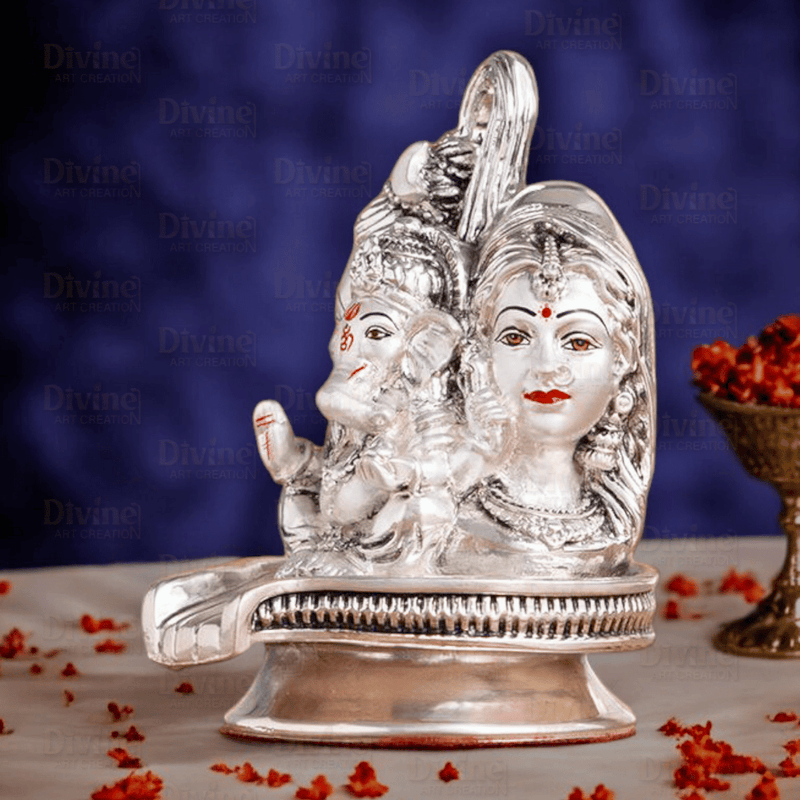 Silver Plated Shivling Idol with Shivji Family – Antique Embossed Finish
