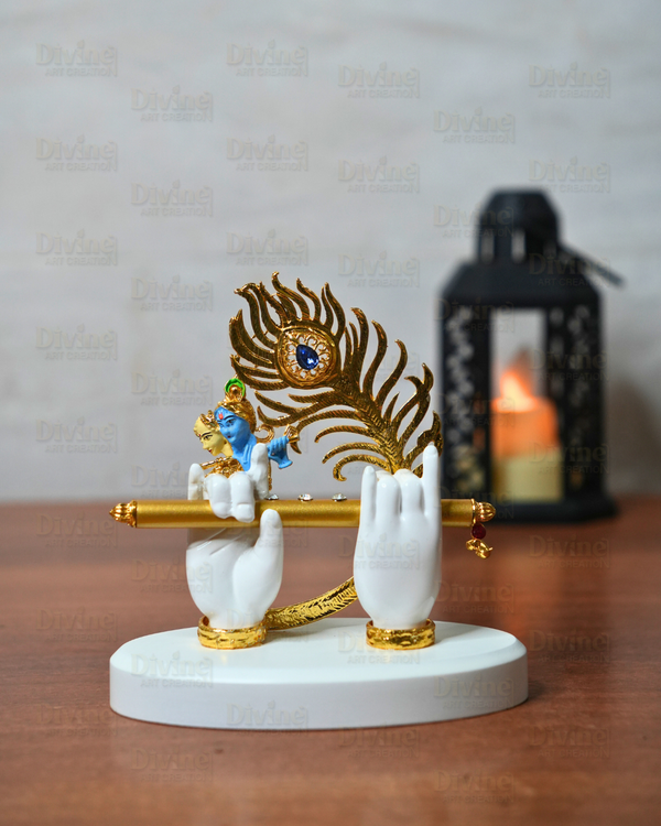Krishna Hand with Peacock Feather & Bansuri – Symbolic Decor Idol - Divine Art Creation