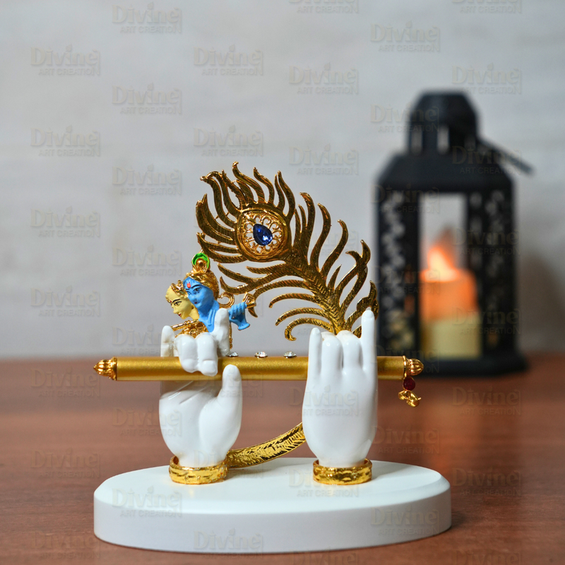 Krishna Hand with Peacock Feather & Bansuri – Symbolic Decor Idol - Divine Art Creation