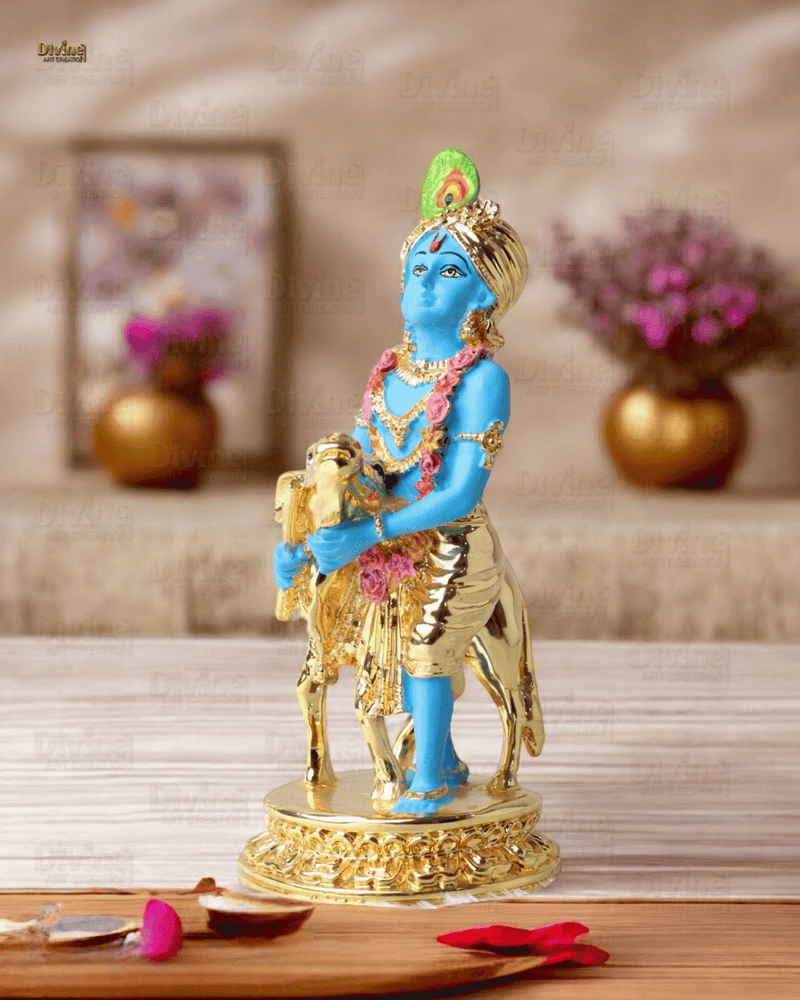 Gold Plated Krishna with Calf Blue Colour - 6.5 Inch Statue