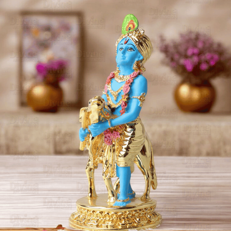 Gold Plated Krishna with Calf Blue Colour - 6.5 Inch Statue