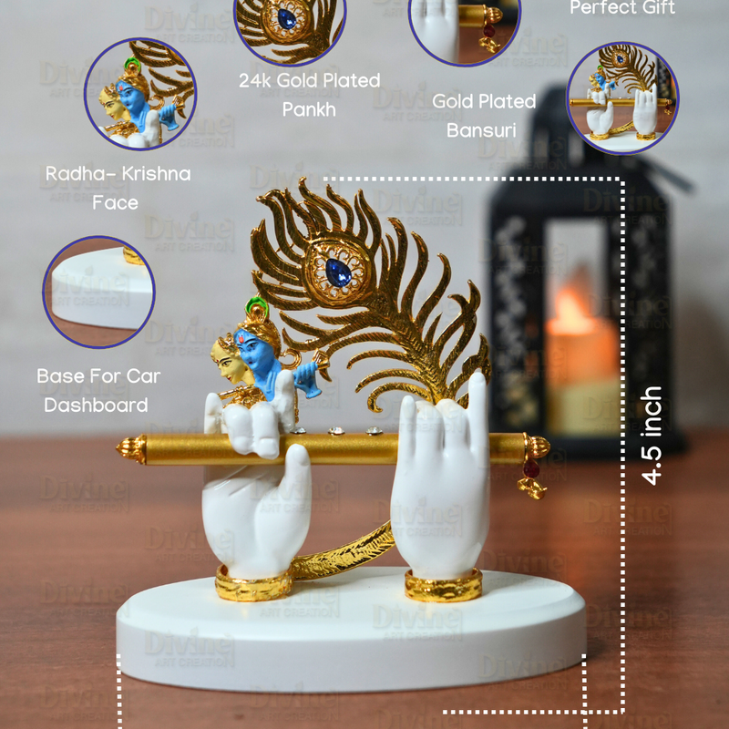 Krishna Hand with Peacock Feather & Bansuri – Symbolic Decor Idol - Divine Art Creation