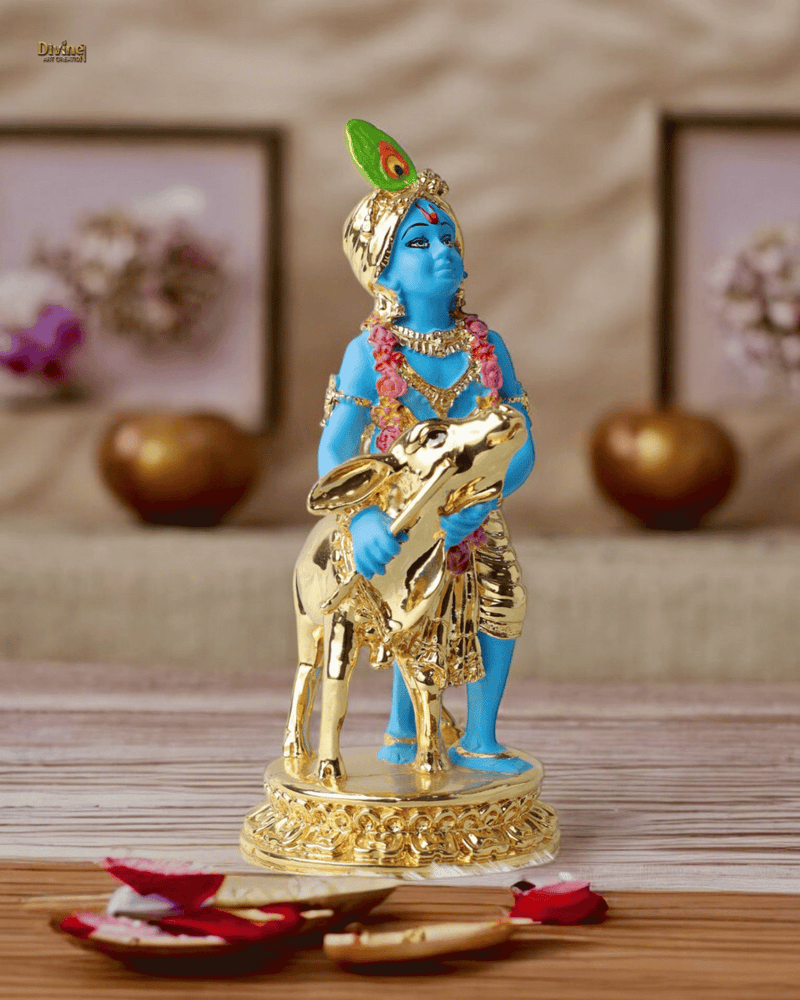Gold Plated Krishna with Calf Blue Colour - 6.5 Inch Statue