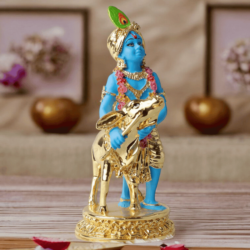 Gold Plated Krishna with Calf Blue Colour - 6.5 Inch Statue