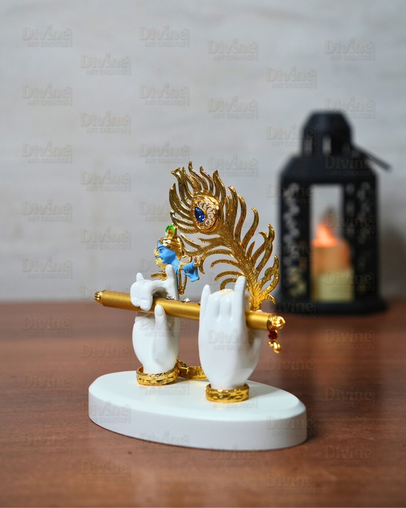 Krishna Hand with Peacock Feather & Bansuri – Symbolic Decor Idol - Divine Art Creation