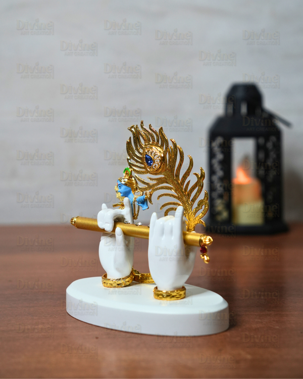 Krishna Hand with Peacock Feather & Bansuri – Symbolic Decor Idol - Divine Art Creation