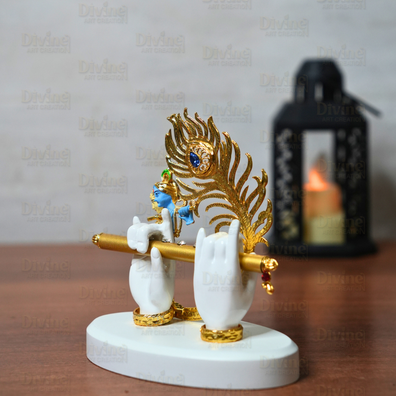 Krishna Hand with Peacock Feather & Bansuri – Symbolic Decor Idol - Divine Art Creation