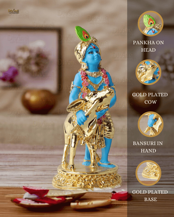 Gold Plated Krishna with Calf Blue Colour - 6.5 Inch Statue