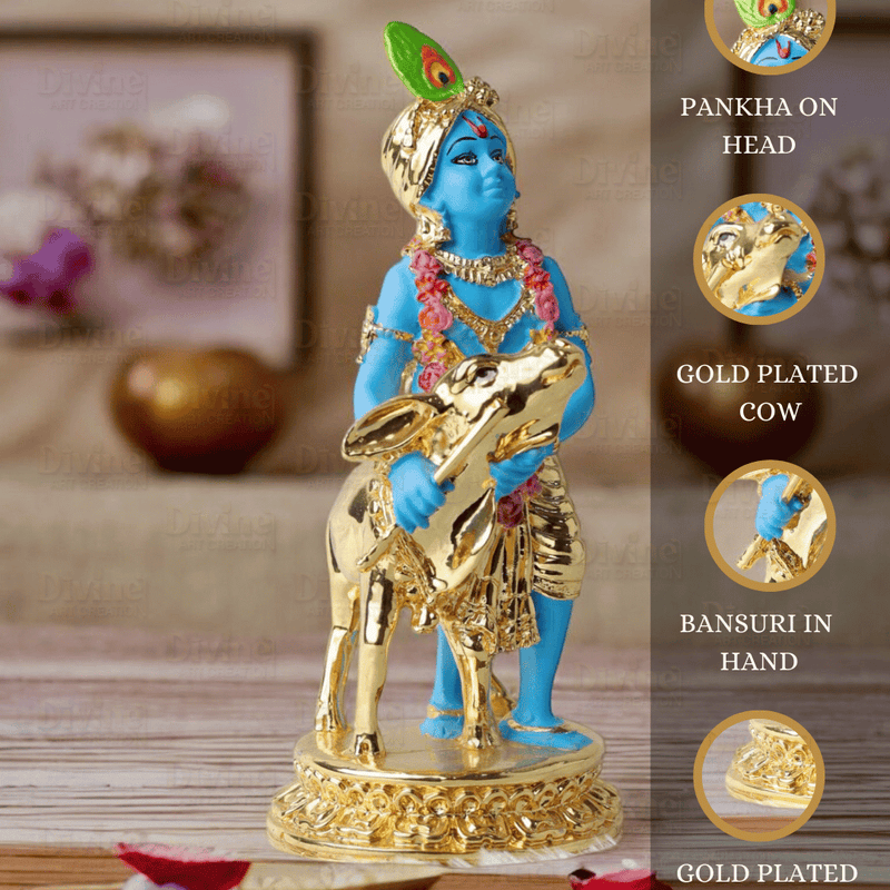 Gold Plated Krishna with Calf Blue Colour - 6.5 Inch Statue