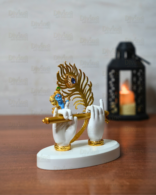 Krishna Hand with Peacock Feather & Bansuri – Symbolic Decor Idol - Divine Art Creation