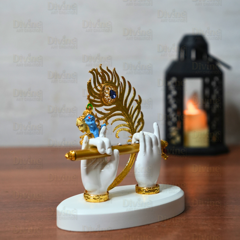 Krishna Hand with Peacock Feather & Bansuri – Symbolic Decor Idol - Divine Art Creation