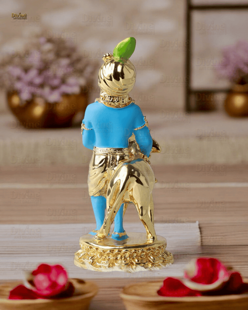 Gold Plated Krishna with Calf Blue Colour - 6.5 Inch Statue