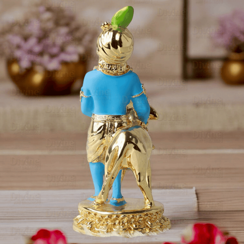 Gold Plated Krishna with Calf Blue Colour - 6.5 Inch Statue