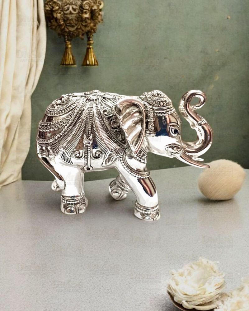 Silver-Plated Antique Finish Trunk-Up Elephant Idol – Decorative Showpiece for Home & Vastu - Divine Art Creation