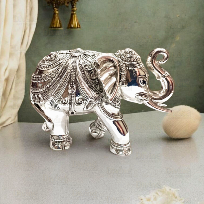 Silver-Plated Antique Finish Trunk-Up Elephant Idol – Decorative Showpiece for Home & Vastu - Divine Art Creation
