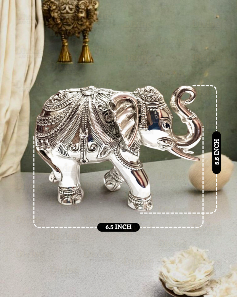 Silver-Plated Antique Finish Trunk-Up Elephant Idol – Decorative Showpiece for Home & Vastu - Divine Art Creation