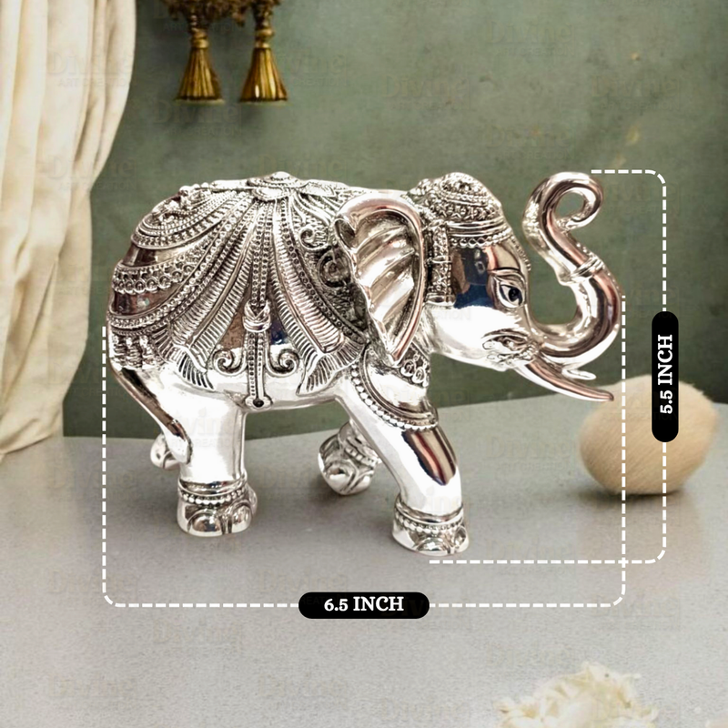 Silver-Plated Antique Finish Trunk-Up Elephant Idol – Decorative Showpiece for Home & Vastu - Divine Art Creation