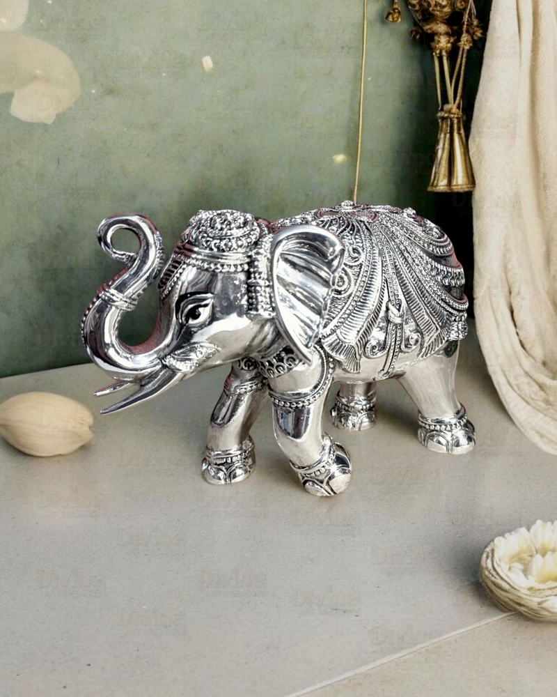 Silver-Plated Antique Finish Trunk-Up Elephant Idol – Decorative Showpiece for Home & Vastu - Divine Art Creation