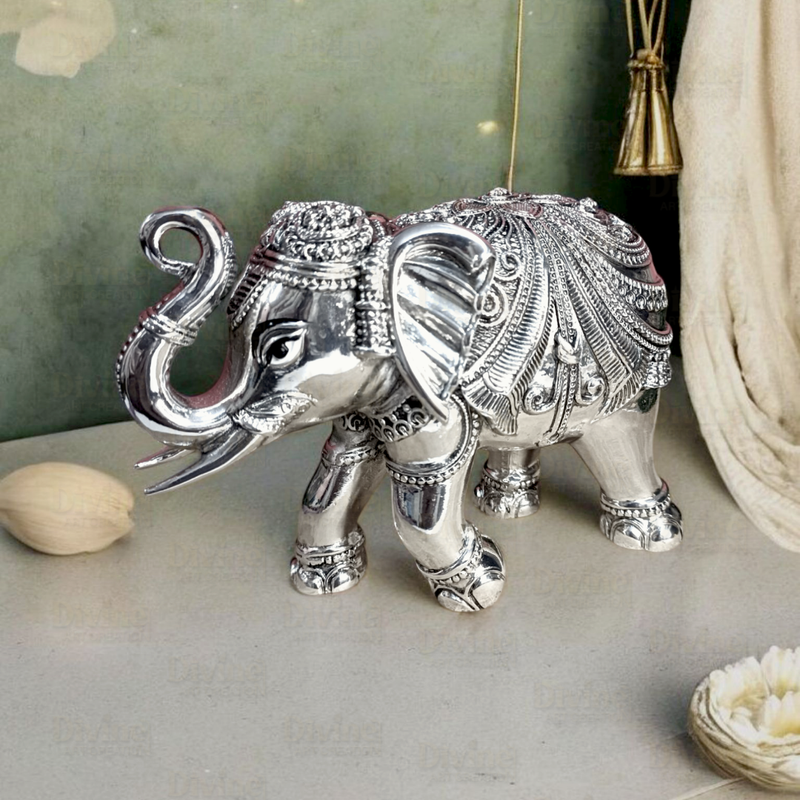 Silver-Plated Antique Finish Trunk-Up Elephant Idol – Decorative Showpiece for Home & Vastu - Divine Art Creation