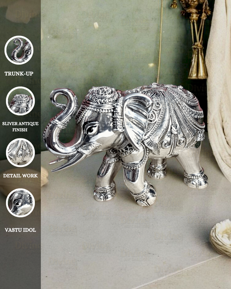 Silver-Plated Antique Finish Trunk-Up Elephant Idol – Decorative Showpiece for Home & Vastu - Divine Art Creation